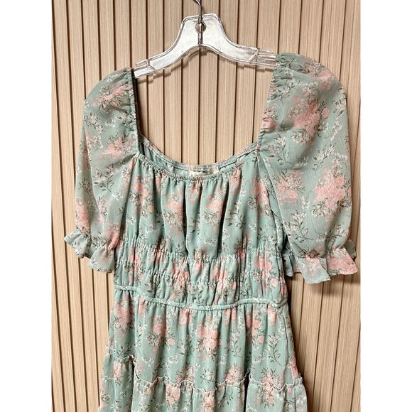 Row A Green Floral Mini Dress, Smocked Tiered Fit, Pouf Sleeve Women's Size S - Picture 3 of 9